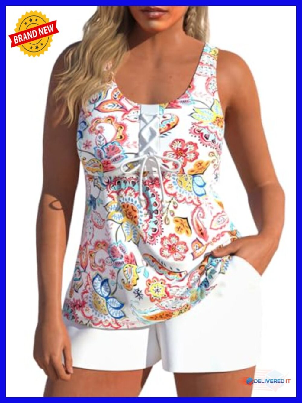 Lace Up Tankini Swimsuit Set with Board Shorts & Pocket